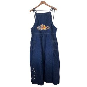 Denim Apron Dress with Floral Embroidery